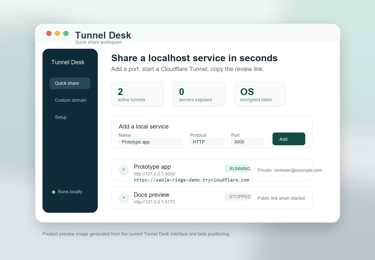 Tunnel Desk desktop interface preview showing quick share tunnels and local services